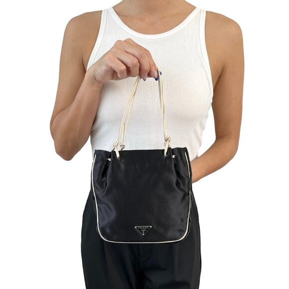 Prada Handbags - PRADA Vintage Logo Mini Bag Pochette Pouch Black Beige Satin [103449]